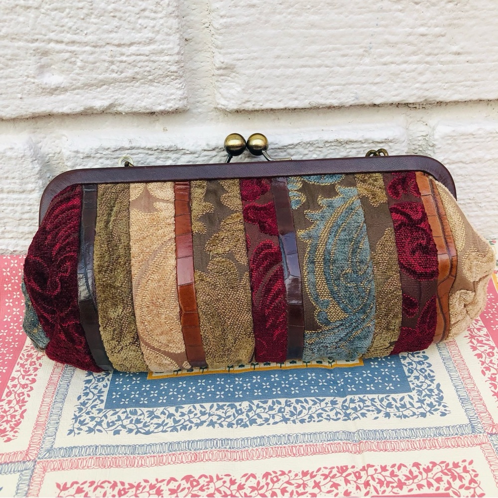 FOSSIL Patchwork Tapestry Shoulder Clutch Purse Kiss lock